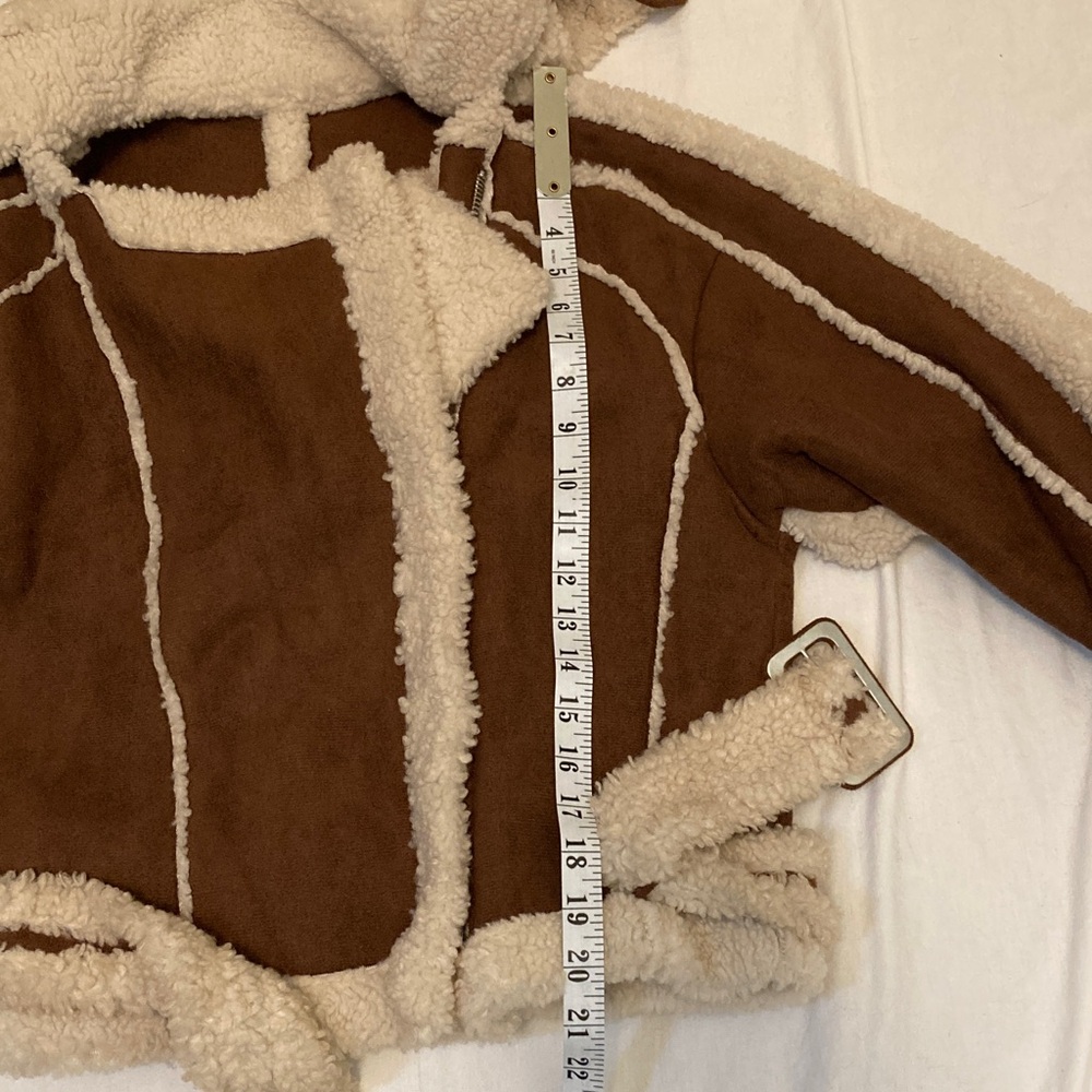 Brown Faux Shearling Biker Jacket with Cream Trim - Picture 13 of 14